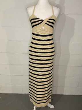 House of Harlow 1960 Cream and Black Striped Crochet Maxi Dress